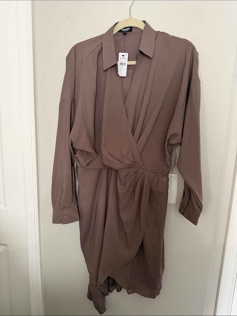 Express Long Sleeve Wrap Dress in Mauve Brown